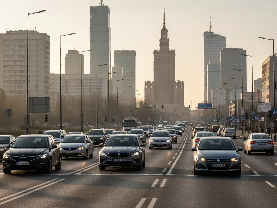 Poziome zdjęcie dokumentalne: ruch samochodów na szerokiej ulicy w centrum Warszawy, w tle szklane wieżowce i poranne słońce.